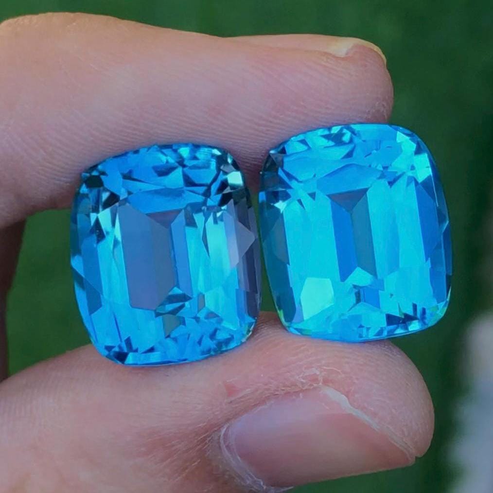 Electric Blue Topaz Gemstone Pair: 34.75 CT Cushion Cut