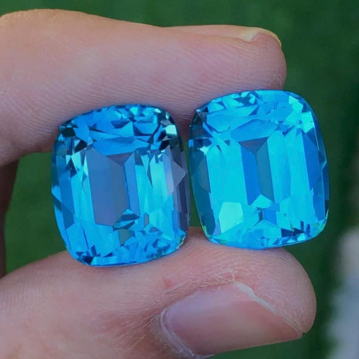 Electric Blue Topaz Gemstone Pair: 34.75 CT Cushion Cut