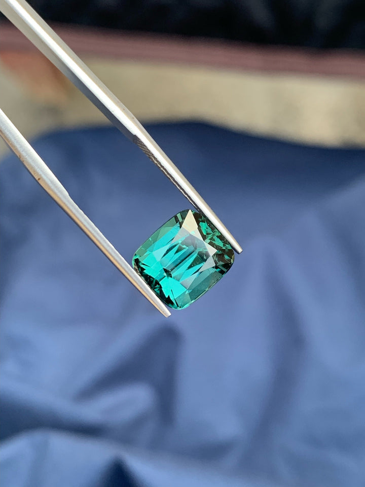 Teal Blue Tourmaline Gemstone: Faceted Cushion Cut, 5.95ct