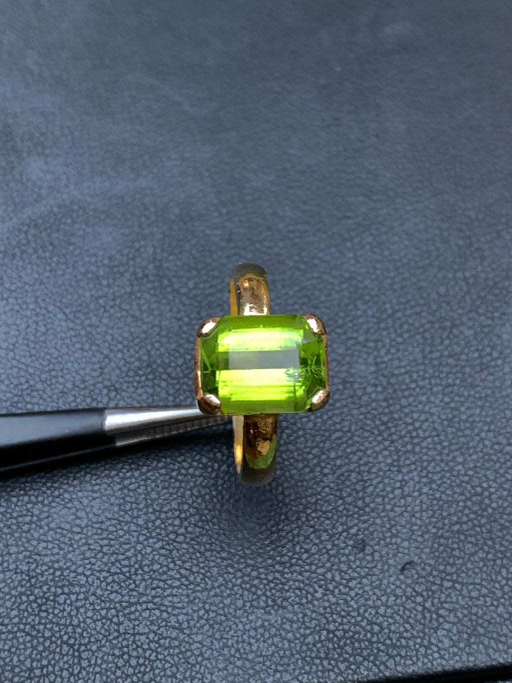 21K Gold Signet Ring: Emerald Cut Peridot, August Birthstone