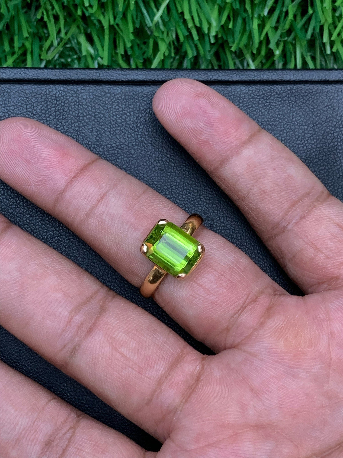 21K Gold Signet Ring: Emerald Cut Peridot, August Birthstone