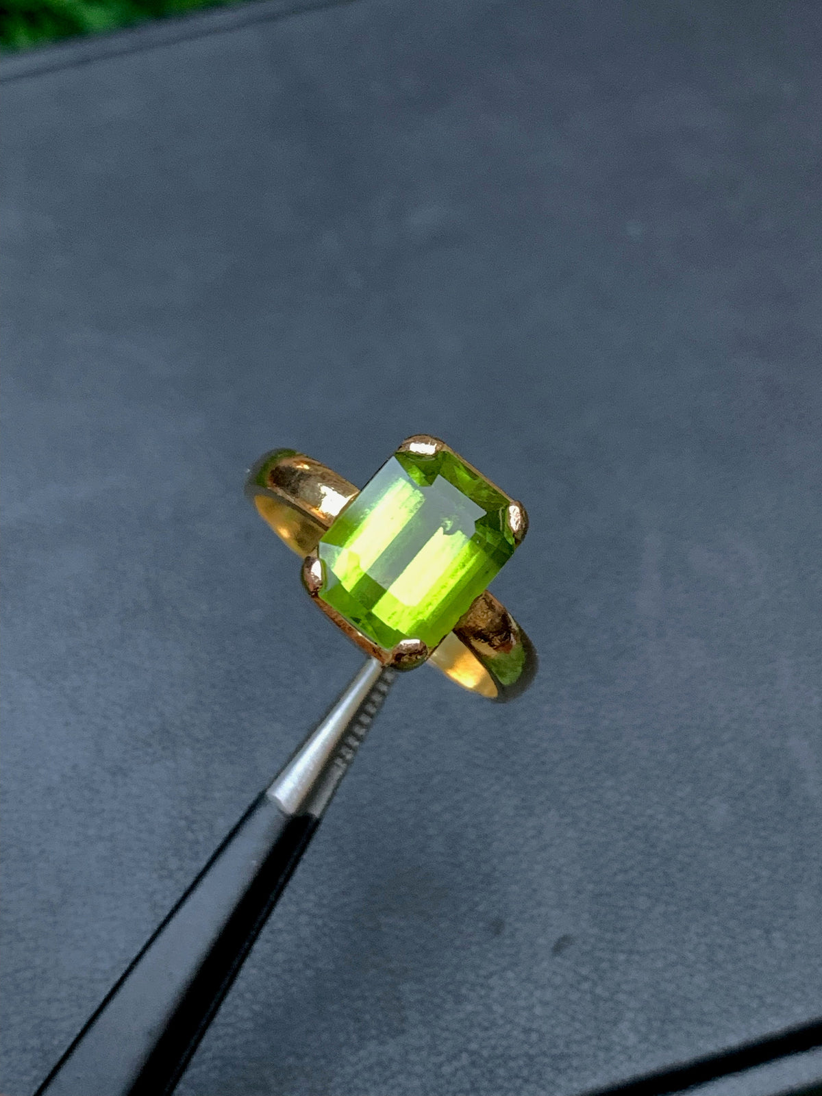 21K Gold Signet Ring: Emerald Cut Peridot, August Birthstone
