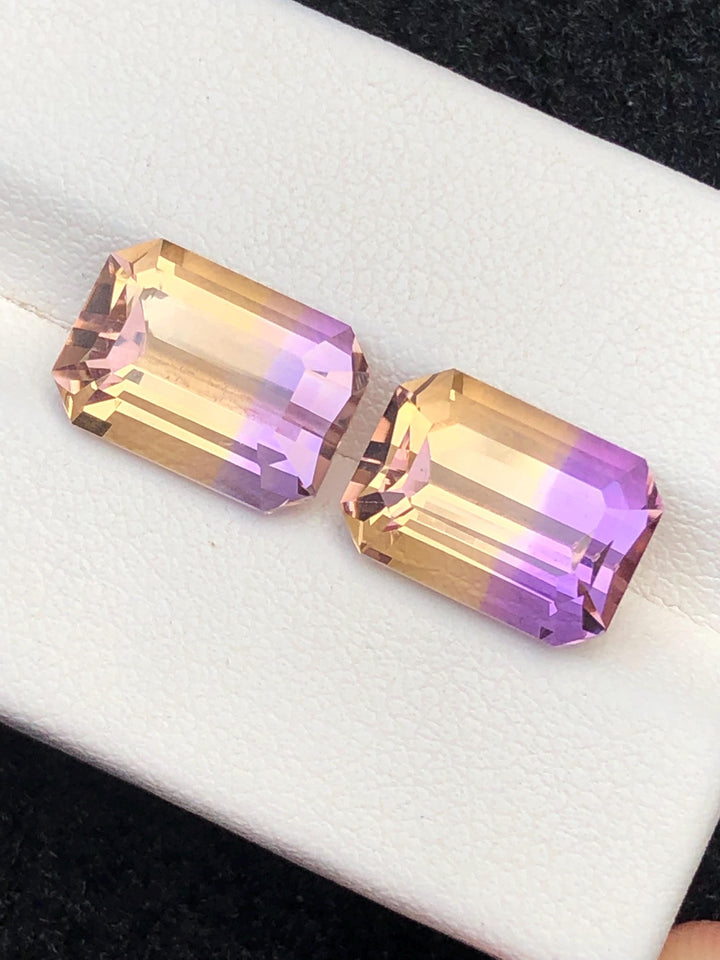 Bi Color Ametrine 9.25ct Cushion Cut Pair• Bi-Color Gemstone from Bolivia