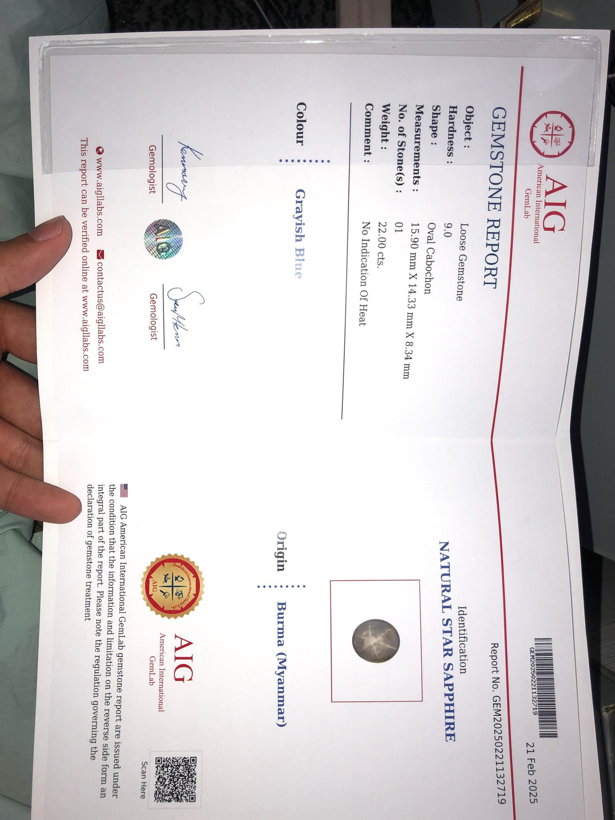 AIG Certified Natural Star Sapphire Gemstone