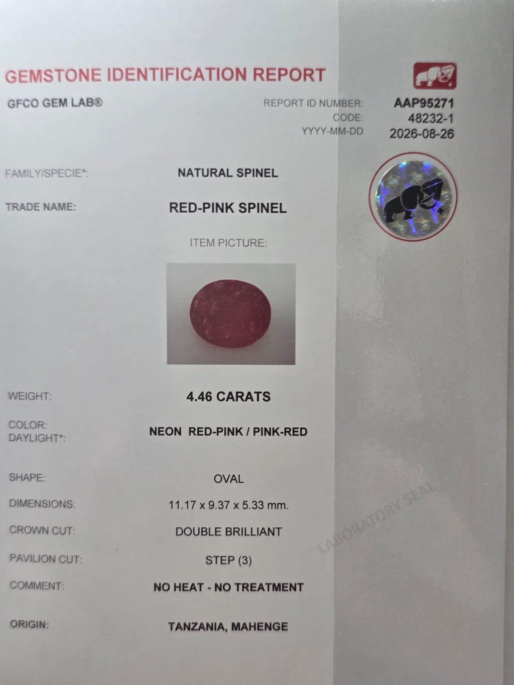 Certified Mahenge Spinel 4.46 Cts Reddish Pink Vibrant Natural Spinel