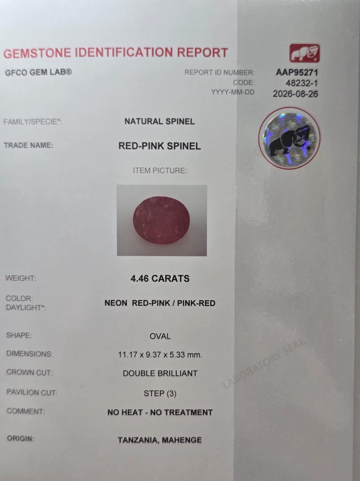 Certified Mahenge Spinel 4.46 Cts Reddish Pink Vibrant Natural Spinel