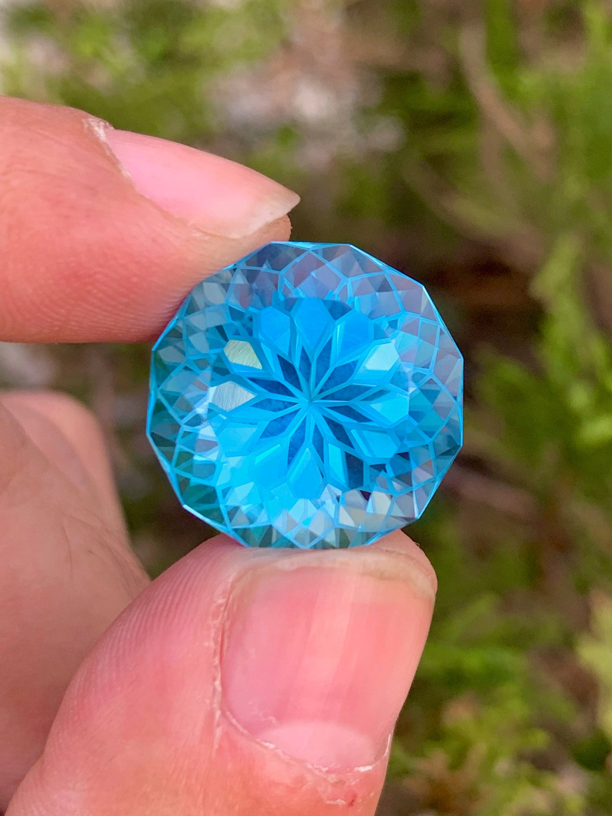 Precision Flower Cut Swiss Electric Blue Topaz Loose Gemstone 32.90 carat