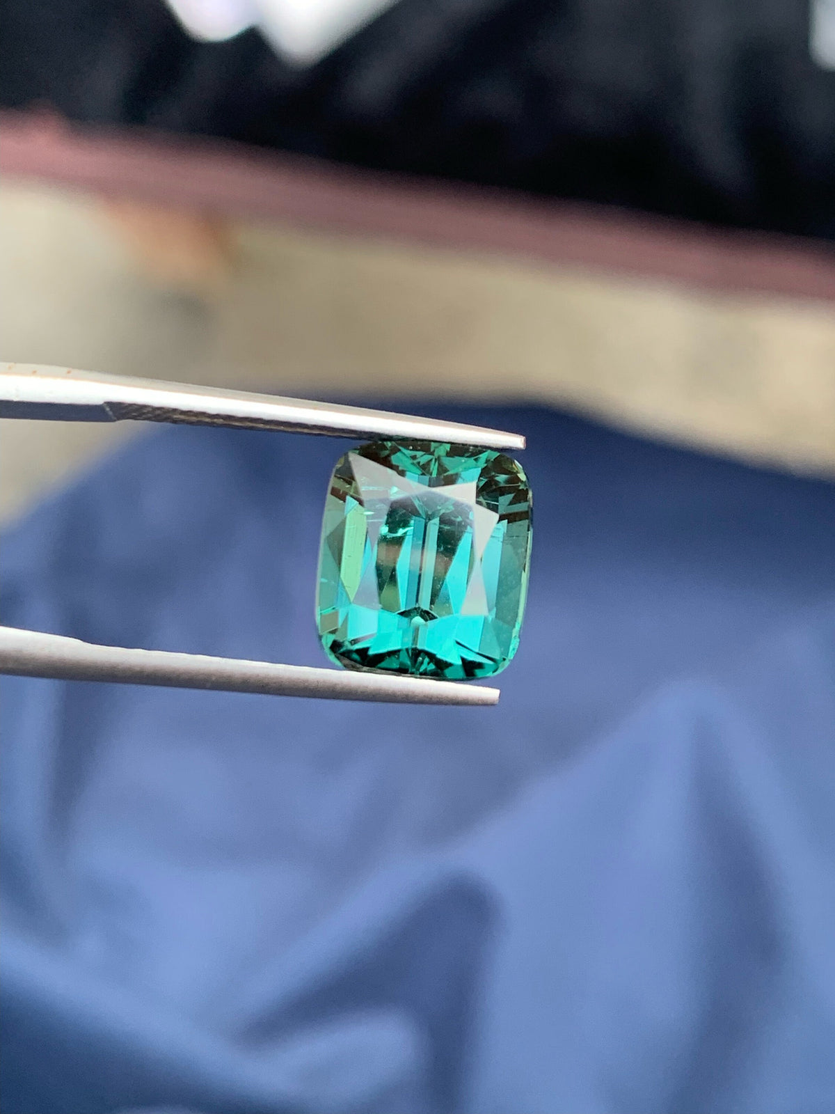 Teal Blue Tourmaline Gemstone: Faceted Cushion Cut, 5.95ct
