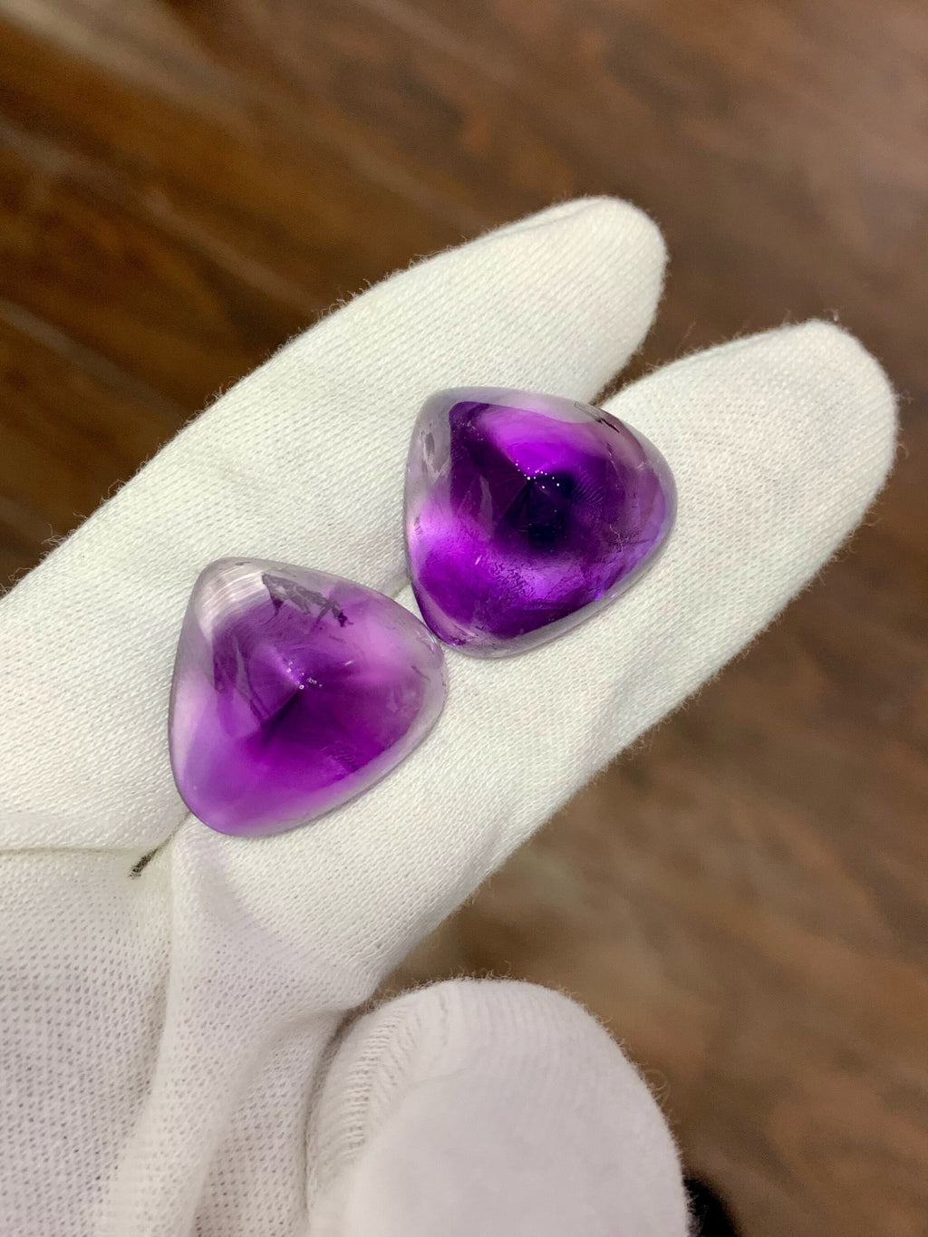 Faceted Amethyst Cabochon Pair: 122.60 CT, Triangular Cut, Brazilian Gemstone