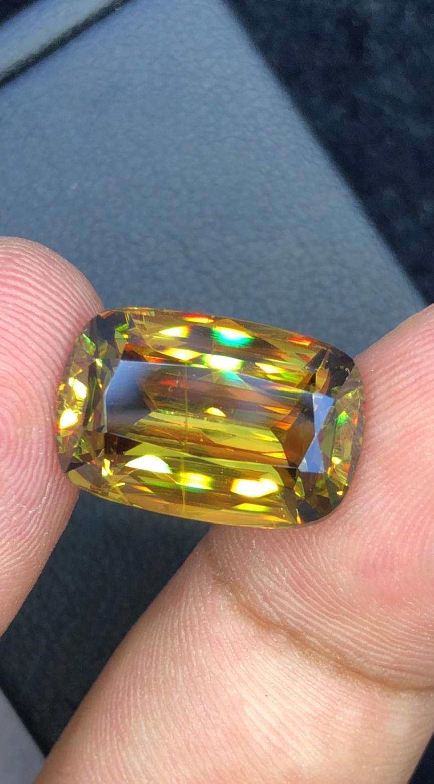 11.80 CT Cushion Cut Sphene Gemstone: Greenish Yellow Titanite, August Birthstone
