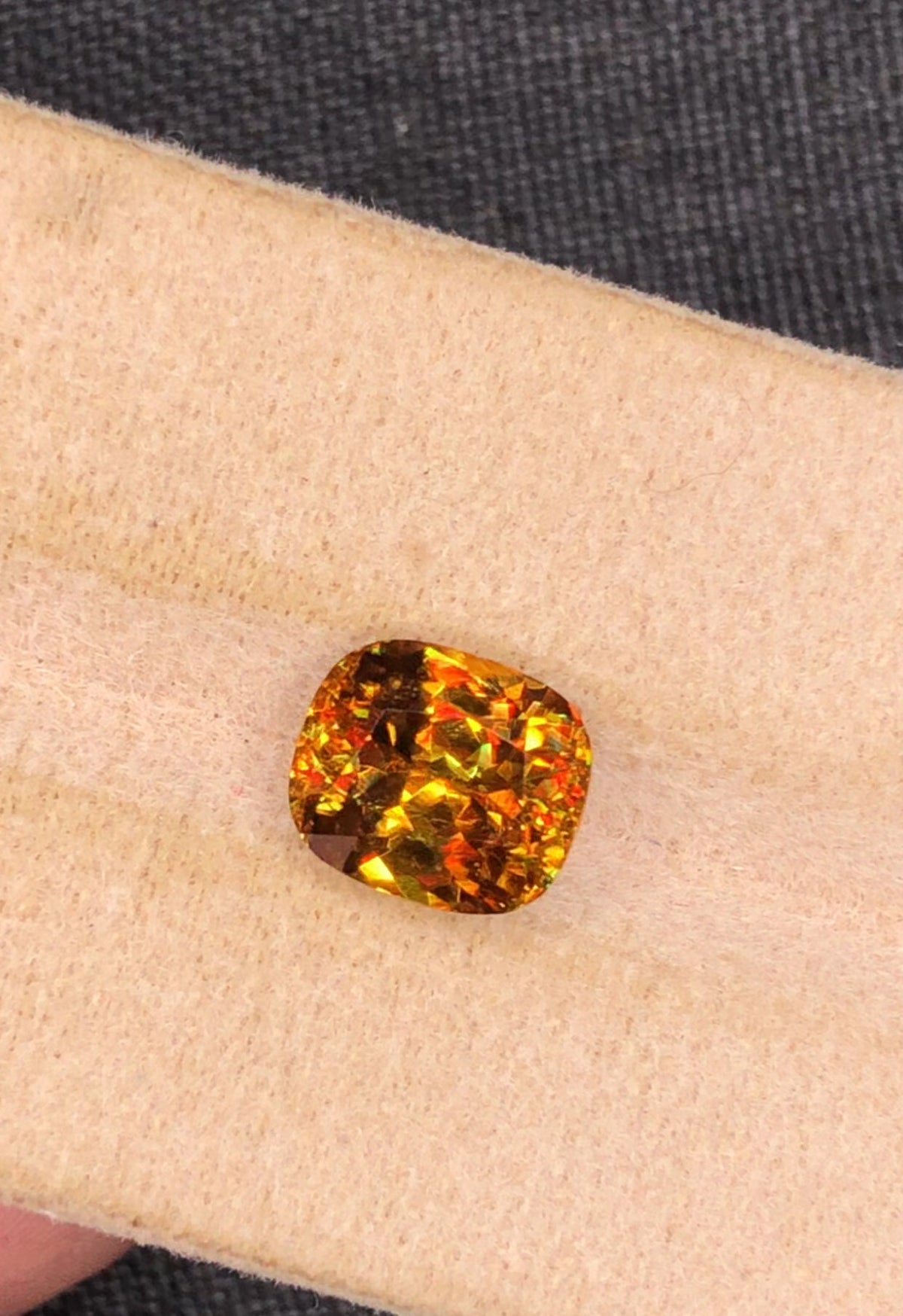 3.25 CT Cushion Cut Sphene Gemstone: Yellow-Red Trichroism