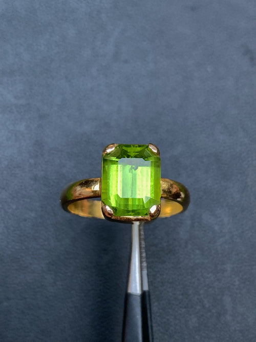 21K Gold Signet Ring: Emerald Cut Peridot, August Birthstone