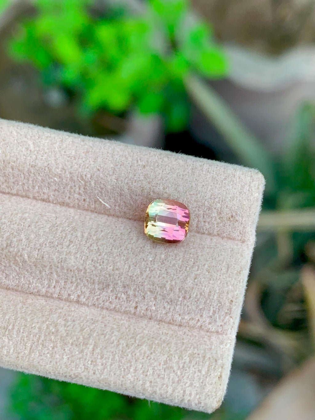 Bi-Color Tourmaline Gemstone: 1.35 CT Cushion Cut, Flamingo Pink/Harvest Green