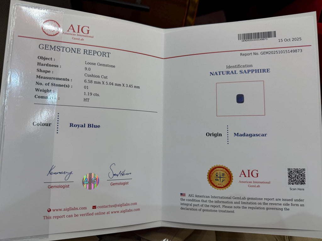 Royal Blue Sapphire 1.19ct Cushion Cut with Certificate – Madagascar Origin