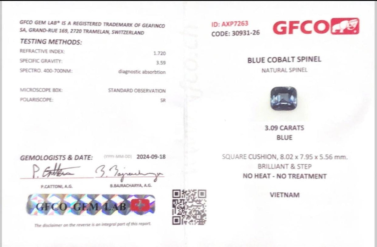 Cobalt Blue Spinel: 3.09 CT Flawless Cushion Cut Gemstone