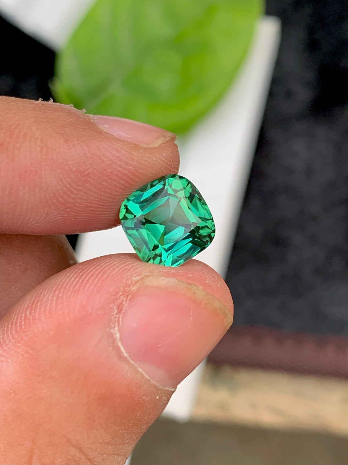 Faceted Bluish Green Tourmaline Gemstone: Cushion Cut, 3.75 CT
