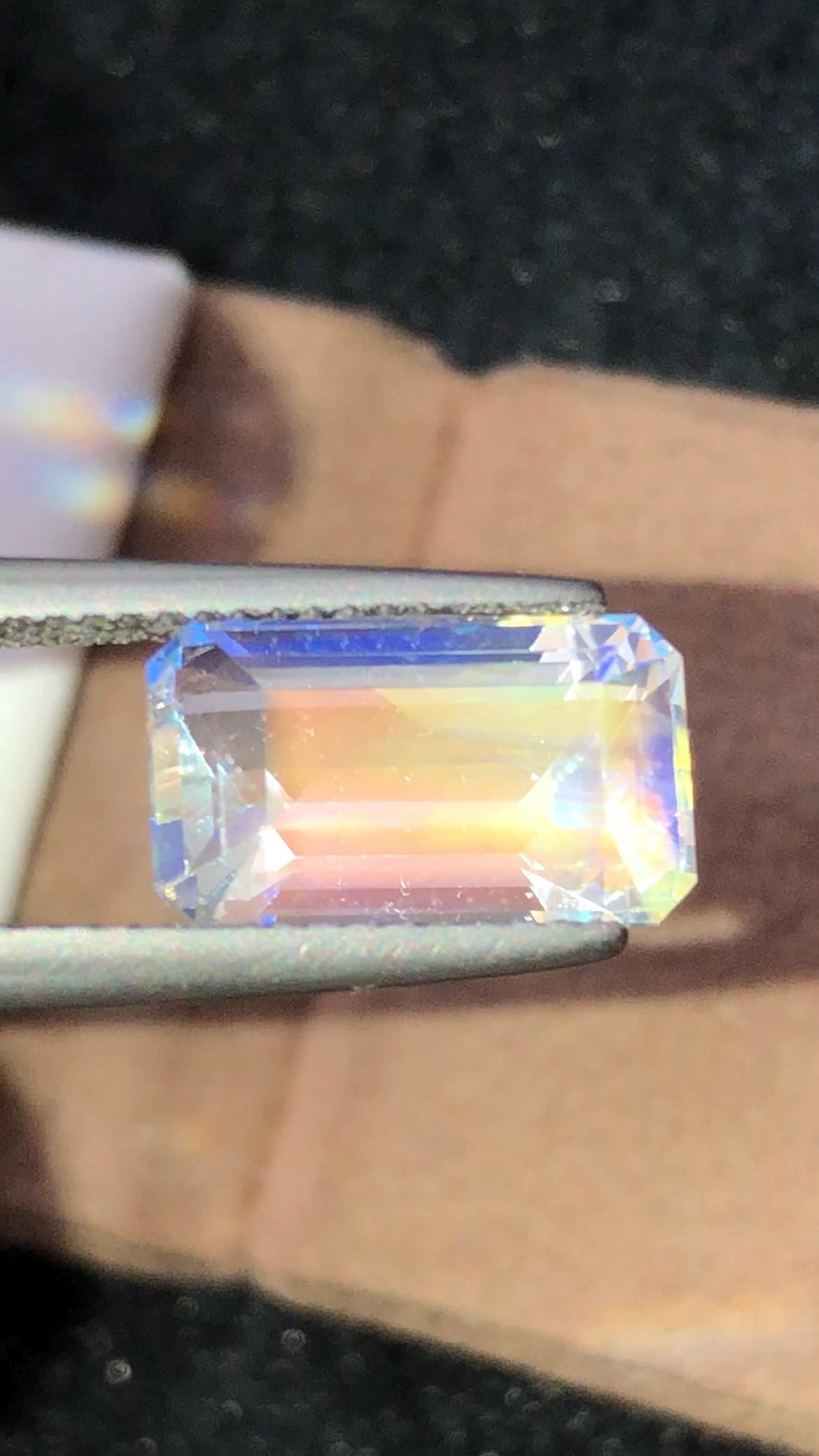 Rainbow Moonstone 4.64 Carat - Emerald Cut Blue Flash Gemstone From Madagascar
