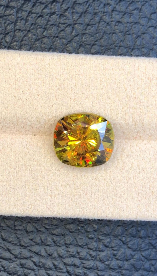 5.55 CT Greenish Yellow Sphene Gemstone: Cushion Cut Titanite Stone