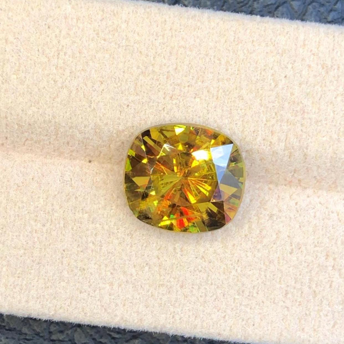 5.55 CT Greenish Yellow Sphene Gemstone: Cushion Cut Titanite Stone