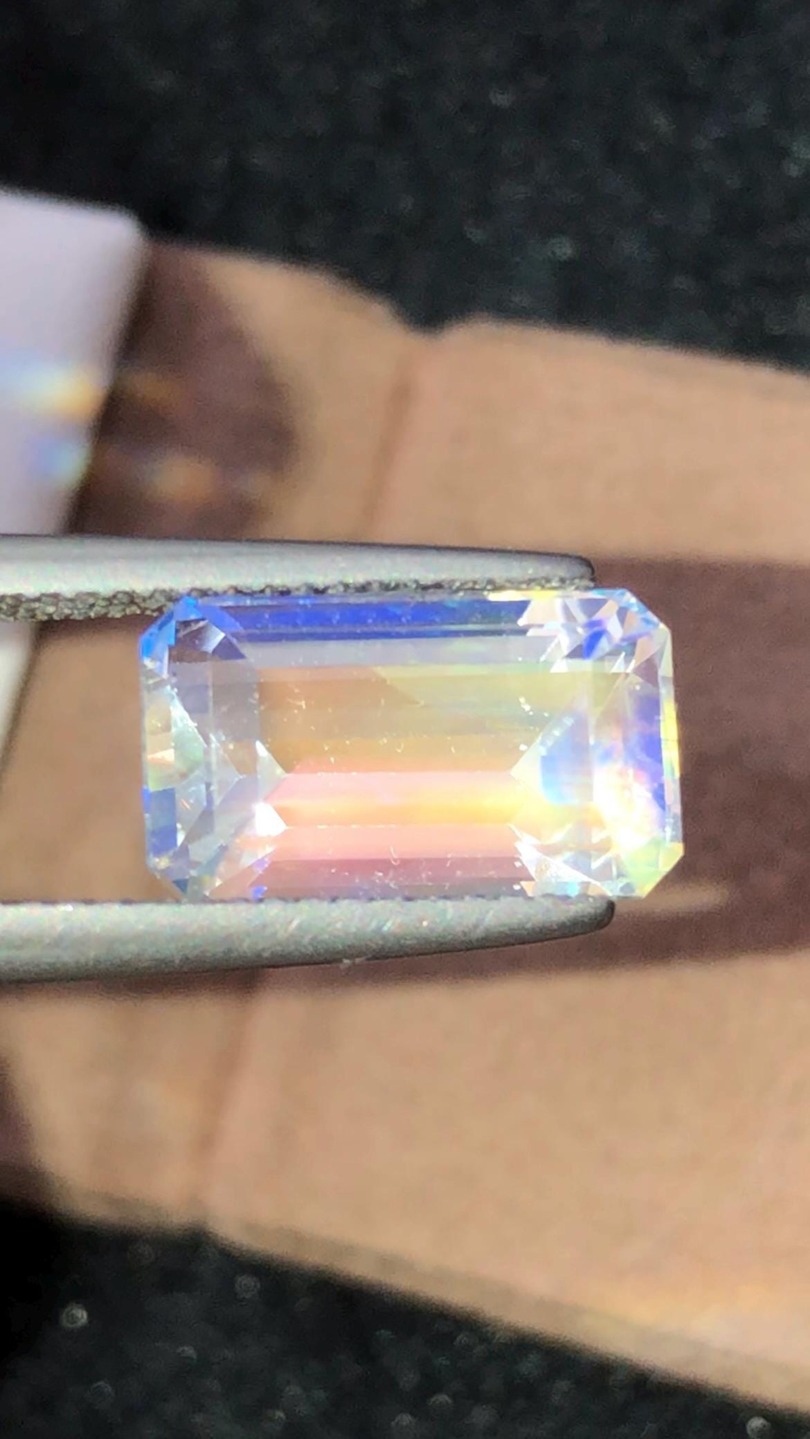 Rainbow Moonstone 4.64 Carat - Emerald Cut Blue Flash Gemstone From Madagascar