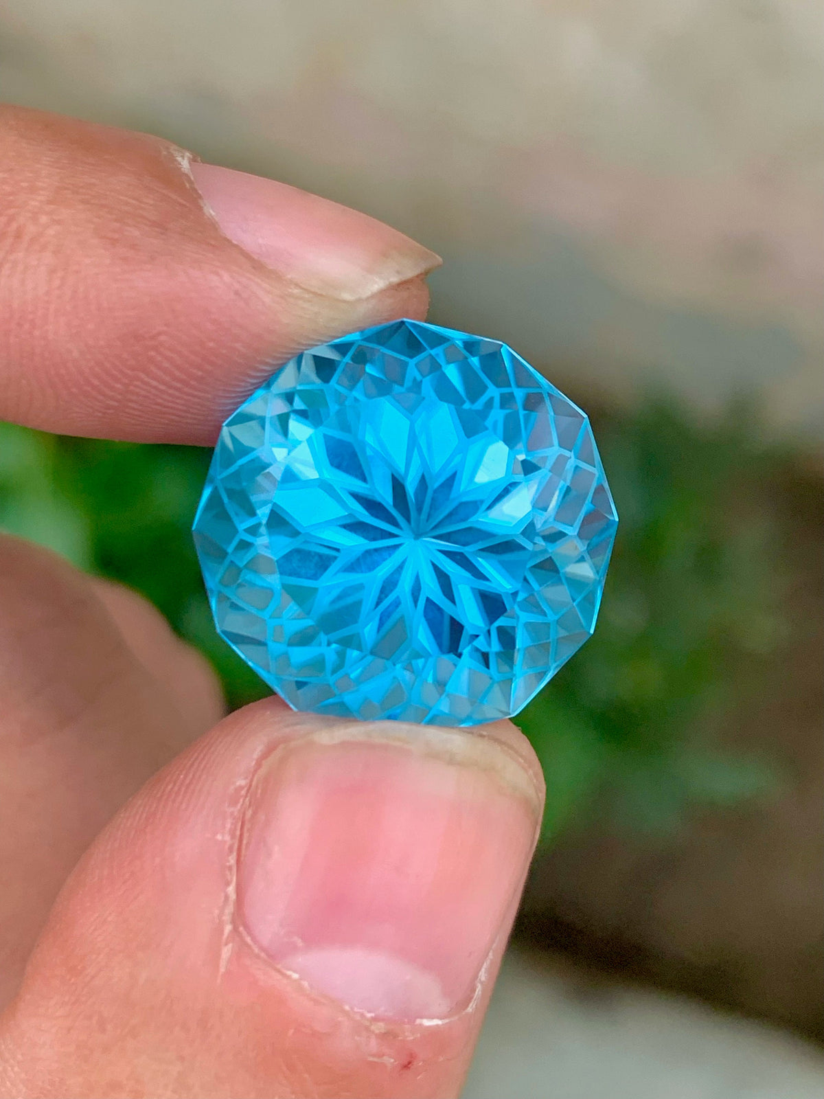 Precision Flower Cut Swiss Electric Blue Topaz Loose Gemstone 32.90 carat