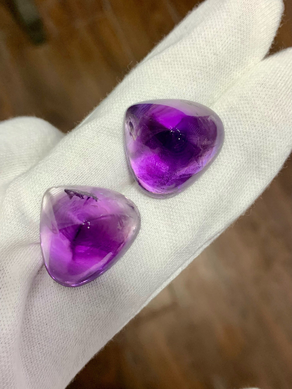 Faceted Amethyst Cabochon Pair: 122.60 CT, Triangular Cut, Brazilian Gemstone