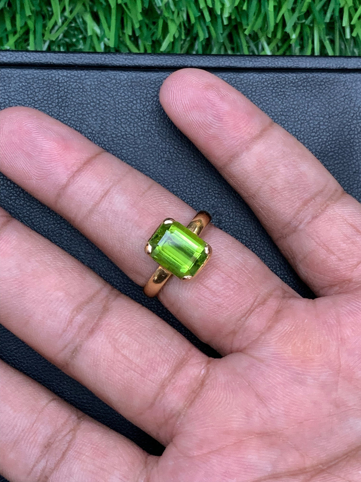 21K Gold Signet Ring: Emerald Cut Peridot, August Birthstone
