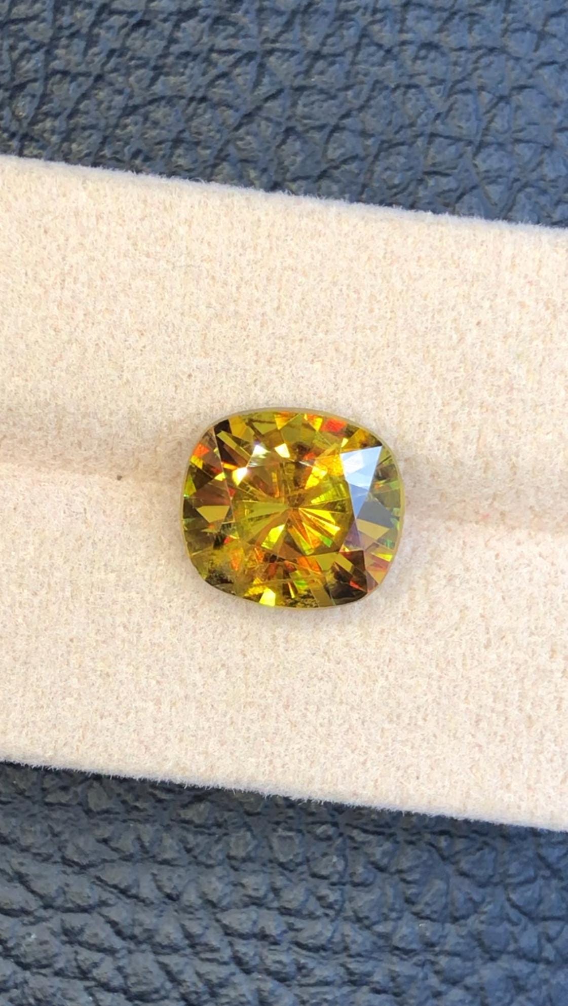 5.55 CT Greenish Yellow Sphene Gemstone: Cushion Cut Titanite Stone