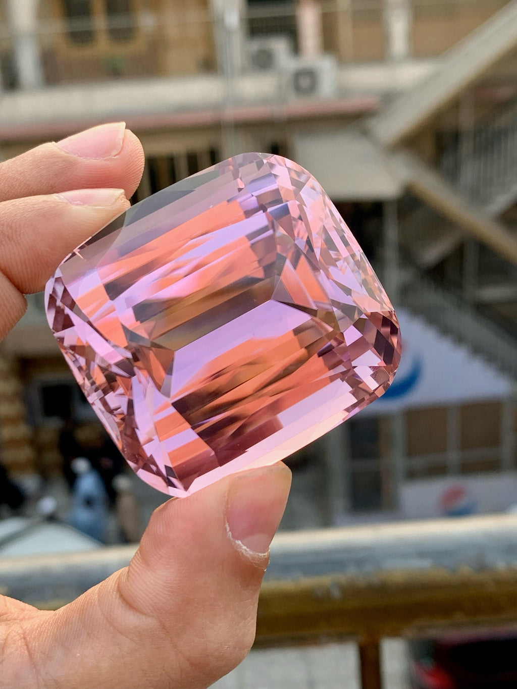 Peach Pink Kunzite Gemstone: 524 CT Cushion Cut, Flawless
