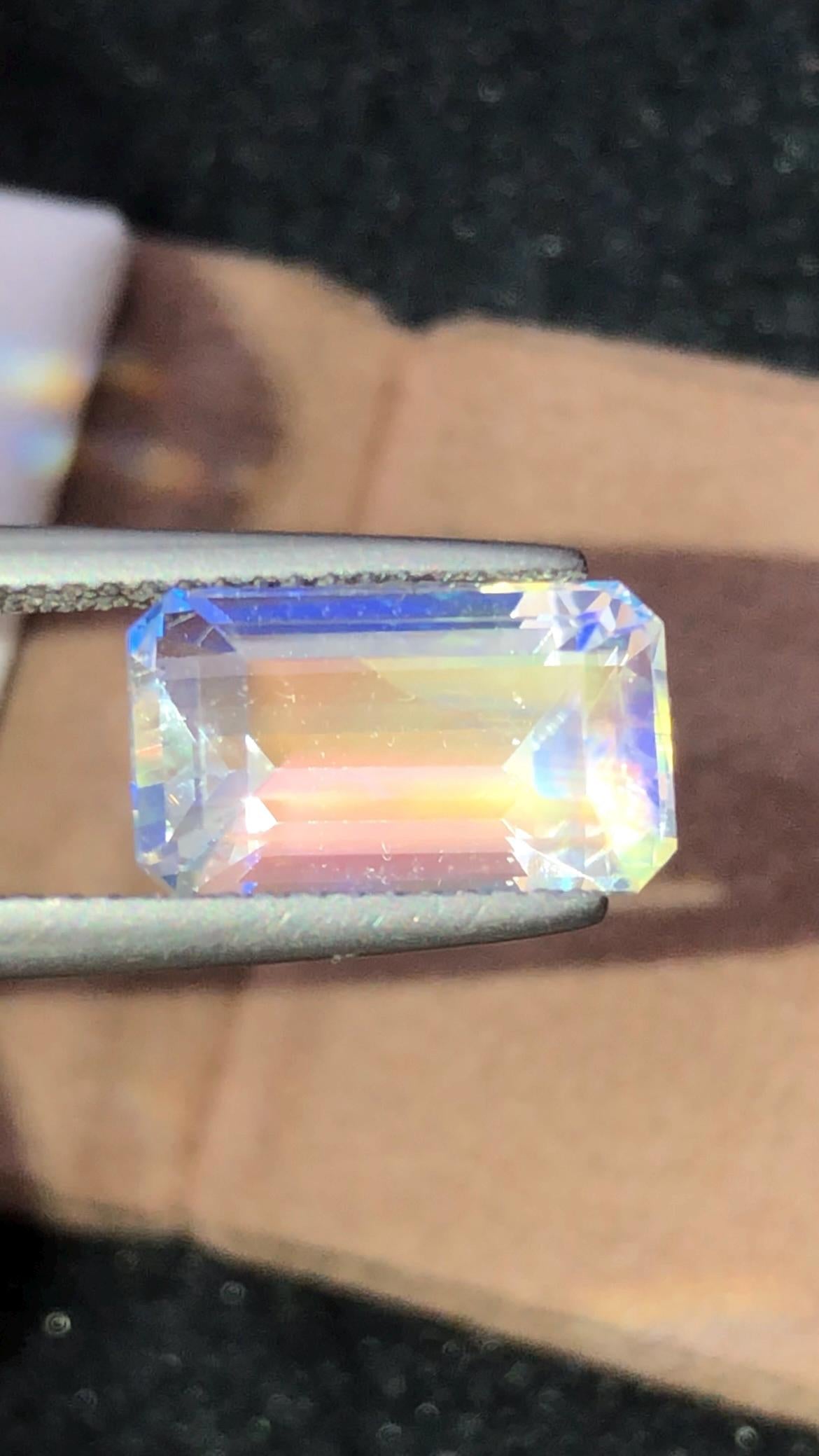 Rainbow Moonstone 4.64 Carat - Emerald Cut Blue Flash Gemstone From Madagascar