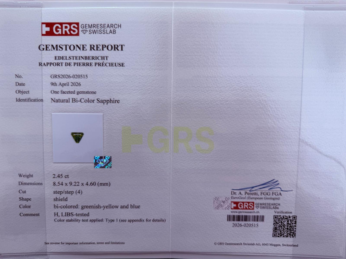 GRS Certified Bi-Colored Sapphire,2.45 Cts Shield Shape Gem Quality Sapphire
