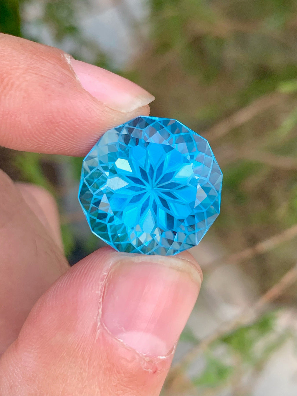 Precision Flower Cut Swiss Electric Blue Topaz Loose Gemstone 32.90 carat