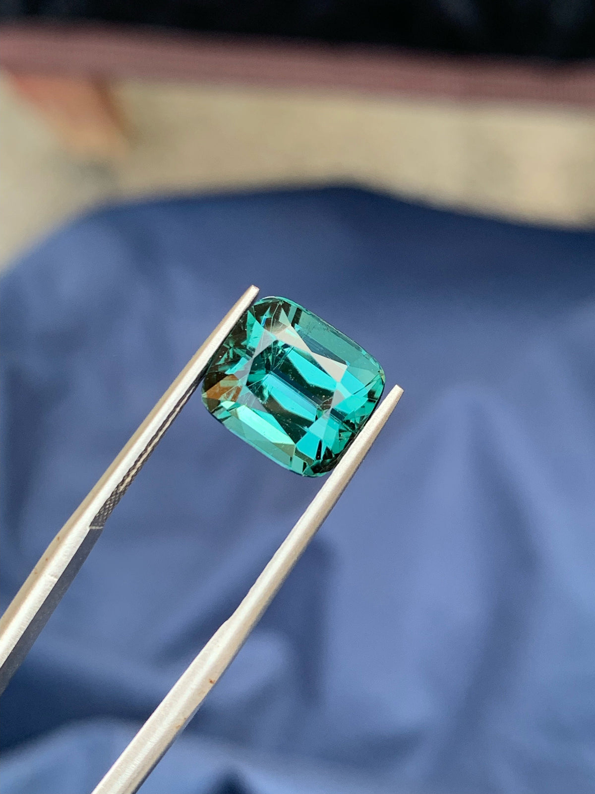 Teal Blue Tourmaline Gemstone: Faceted Cushion Cut, 5.95ct