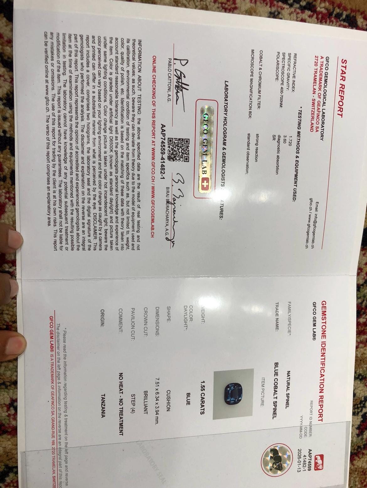 Cobalt Spinel 1.55 ct Cushion Cut Blue Gemstone From  Tanzanian With Certificate