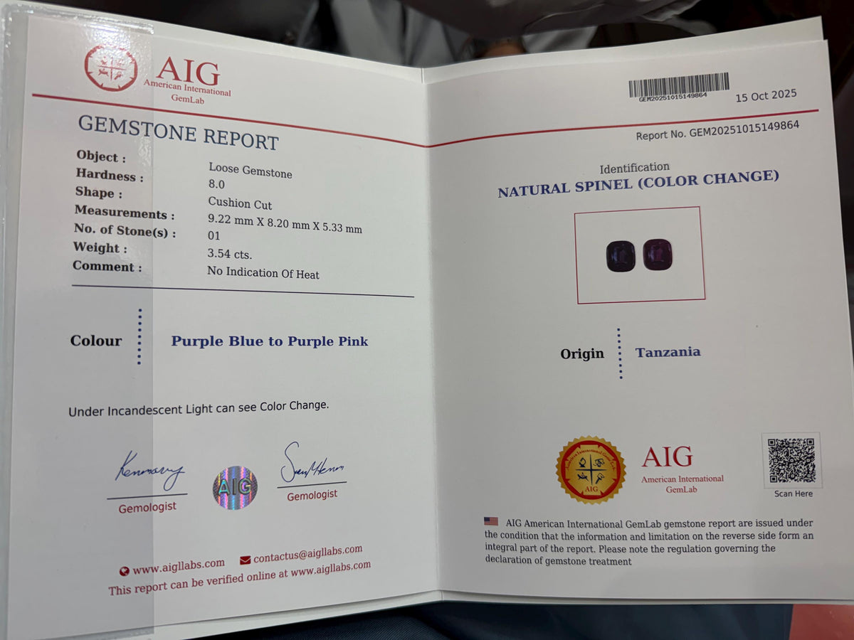 Color Change Spinel 3.54ct Cushion Cut – Purple Blue to Purple Pink with Certificate.