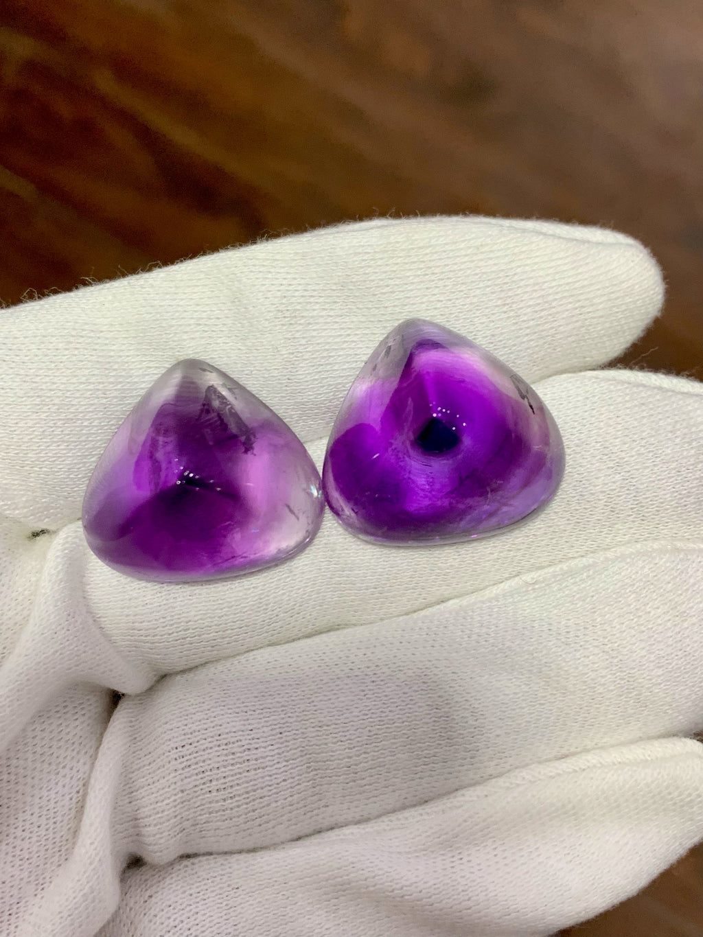 Faceted Amethyst Cabochon Pair: 122.60 CT, Triangular Cut, Brazilian Gemstone