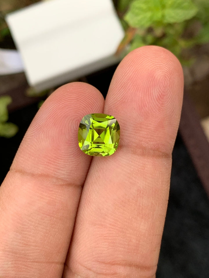 Olive Peridot Gemstone: 2.85 Carat Cushion Cut, VVS Clarity