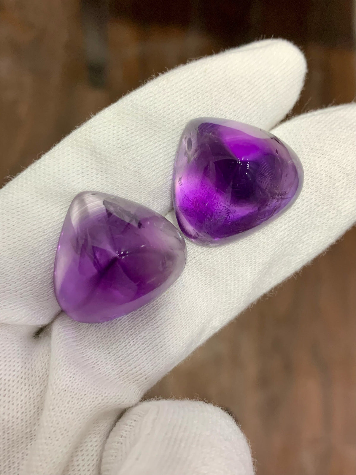 Faceted Amethyst Cabochon Pair: 122.60 CT, Triangular Cut, Brazilian Gemstone