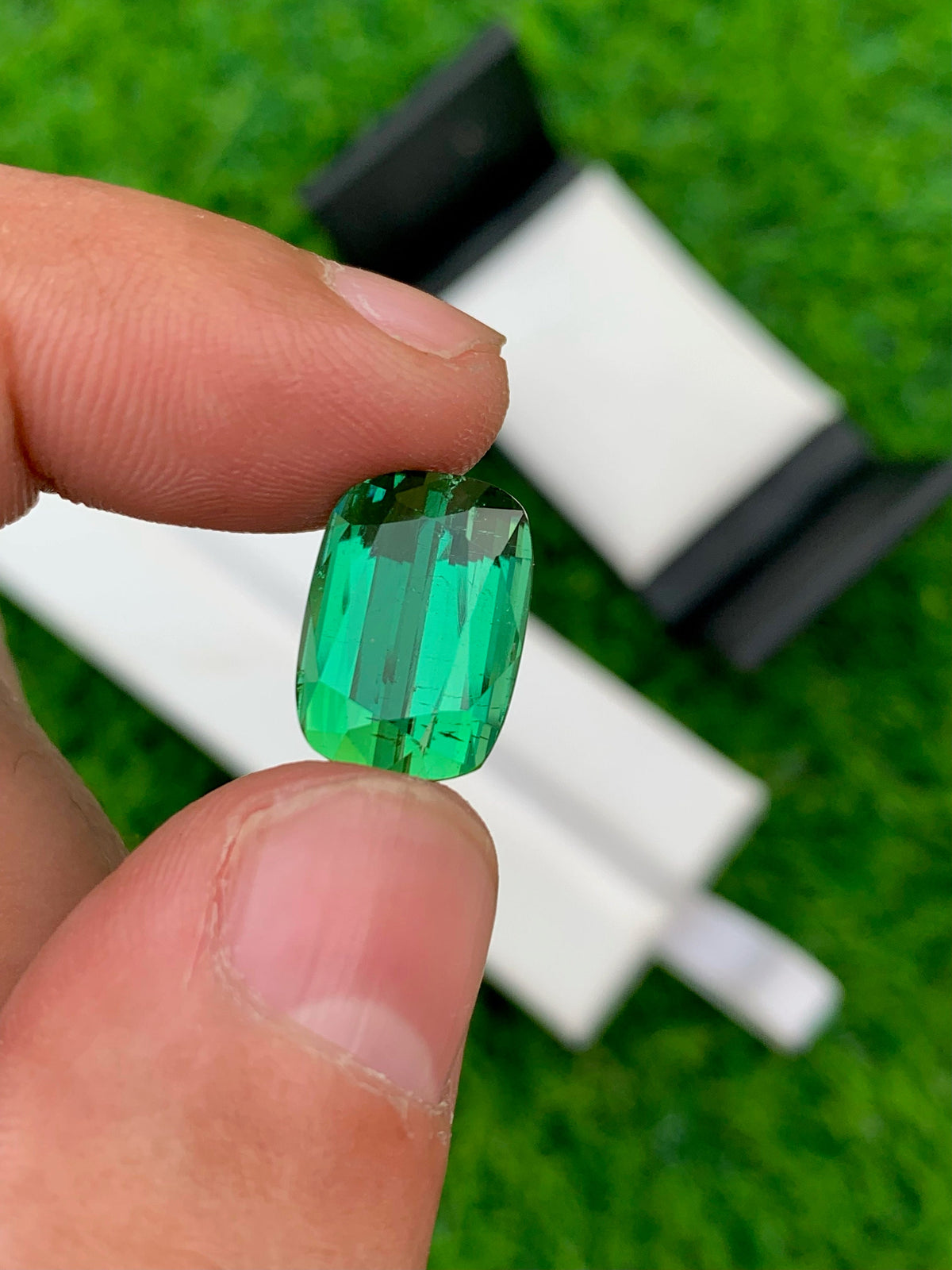 AAA Bluish Green Tourmaline Gemstone: Flawless Cushion Cut, 8.85 CT