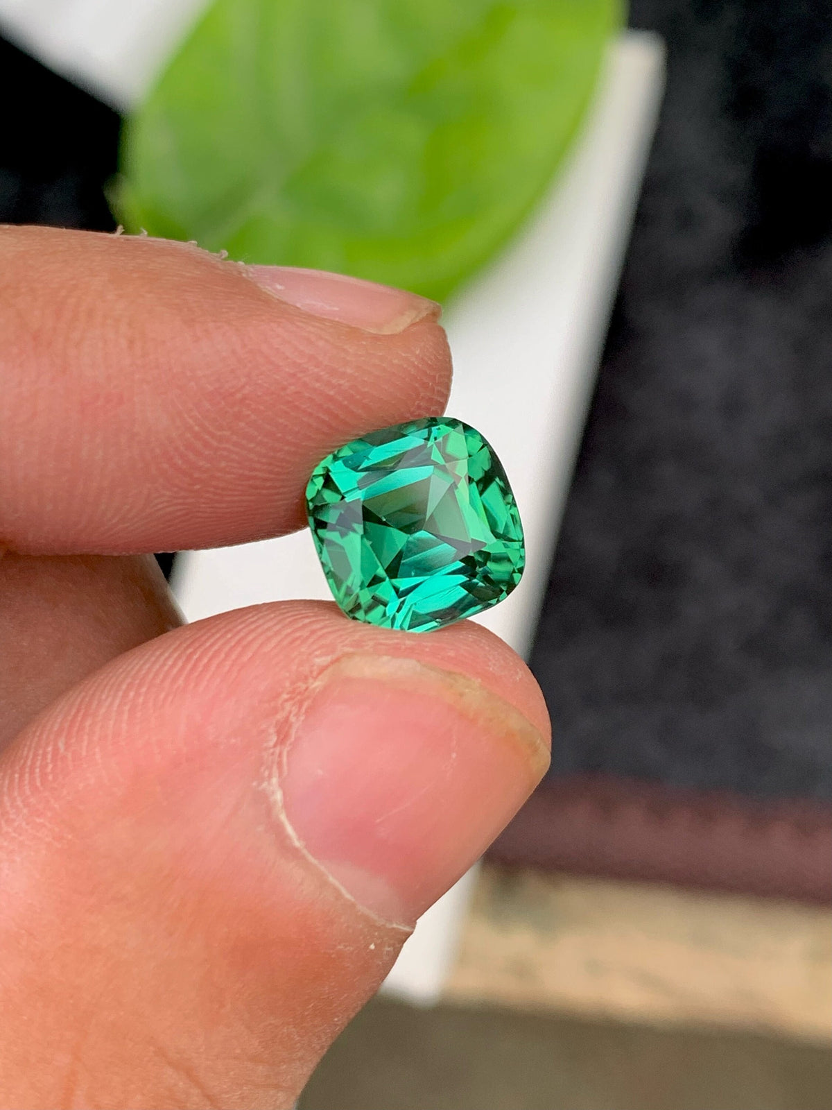 Faceted Bluish Green Tourmaline Gemstone: Cushion Cut, 3.75 CT