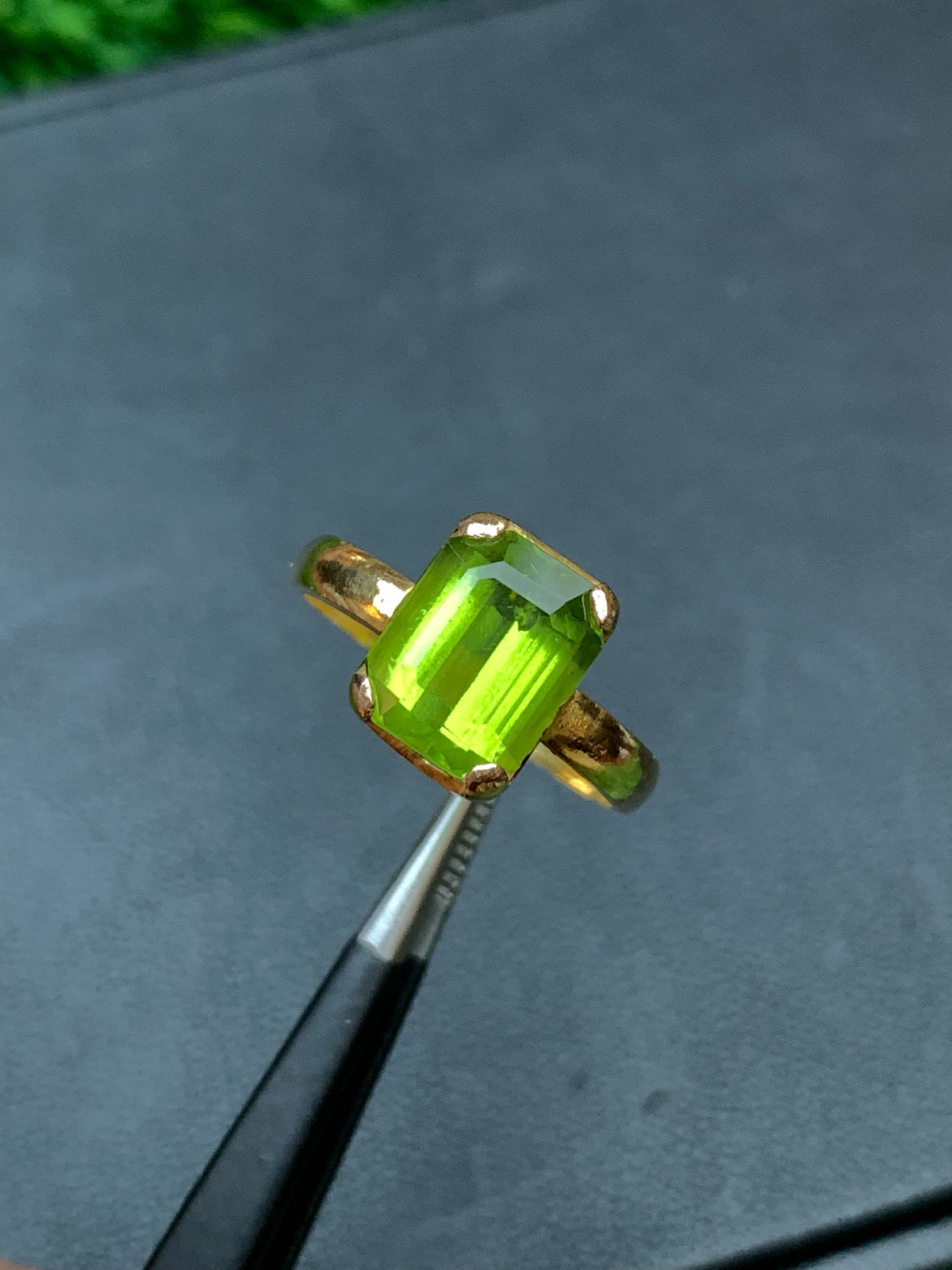 21K Gold Signet Ring: Emerald Cut Peridot, August Birthstone
