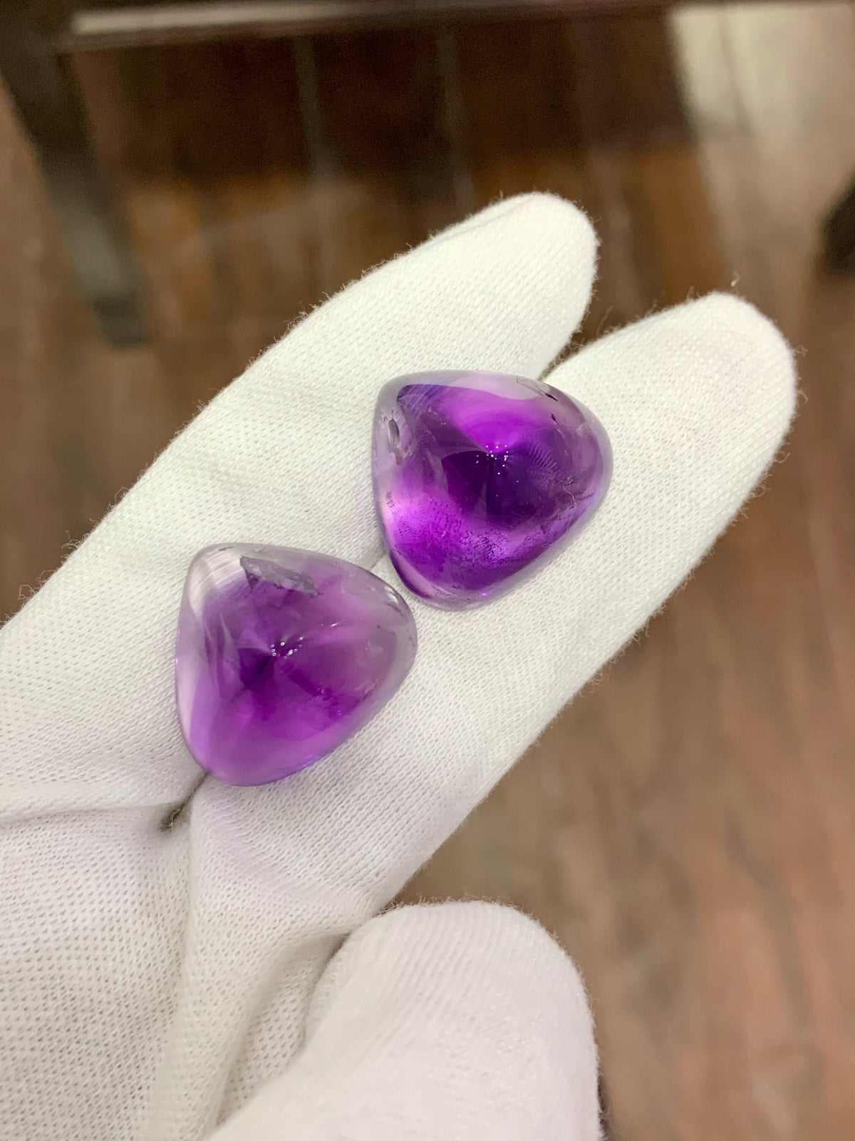 Faceted Amethyst Cabochon Pair: 122.60 CT, Triangular Cut, Brazilian Gemstone