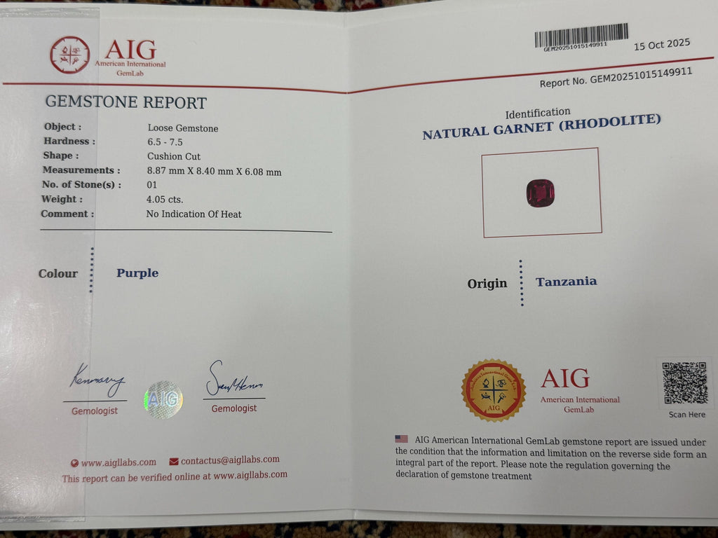 Rhodolite Garnet 4.05ct Cushion Cut – Certified Raspberry-Tone Tanzanian Gemstone