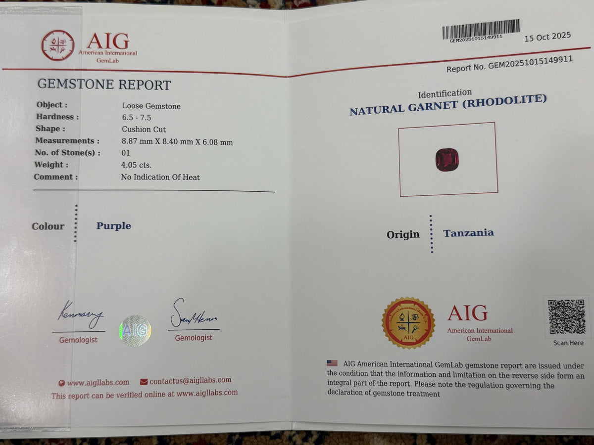 Rhodolite Garnet 4.05ct Cushion Cut – Certified Raspberry-Tone Tanzanian Gemstone