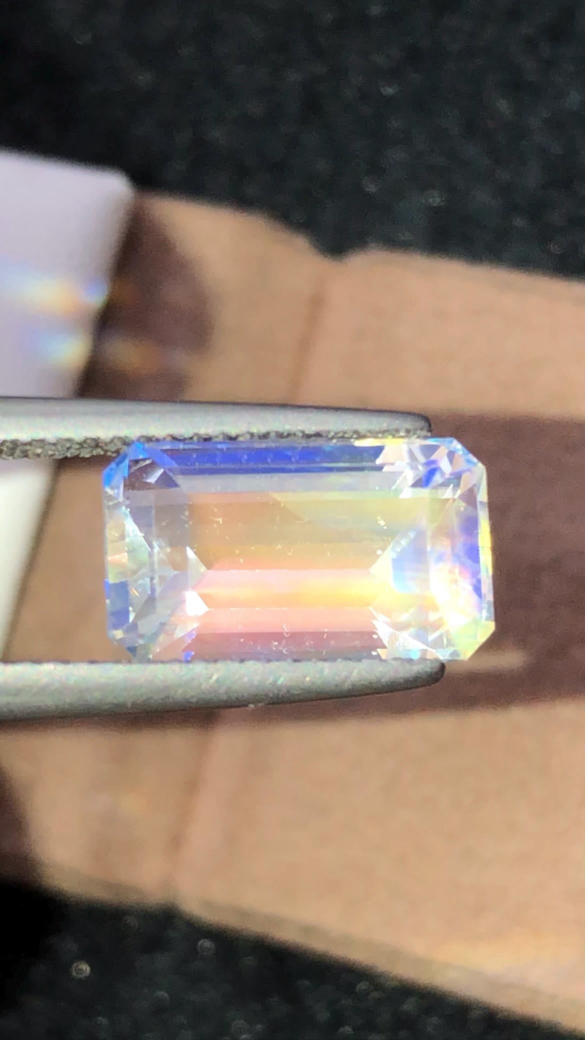 Rainbow Moonstone 4.64 Carat - Emerald Cut Blue Flash Gemstone From Madagascar