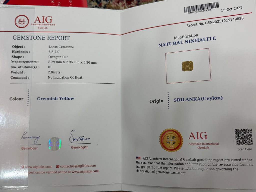 Natural Sinhalite 2.84ct Octagonal Cut – Certified Ceylon Faceted Gemstone