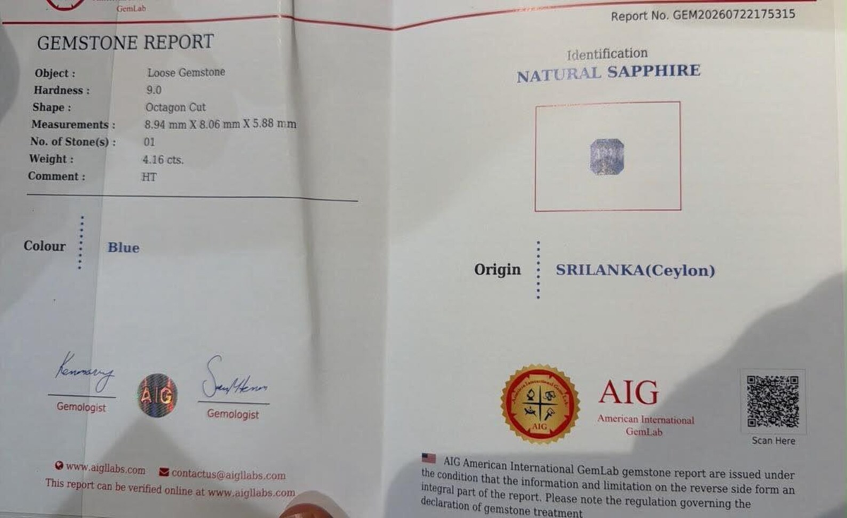 AIG gemstone report for the 4.16 ct sapphire